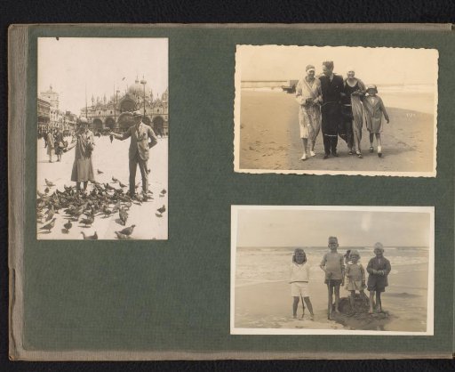 Three photographs of members of the Onnen-Van den Berg family on a beach and on St. Mark's Square in Venice