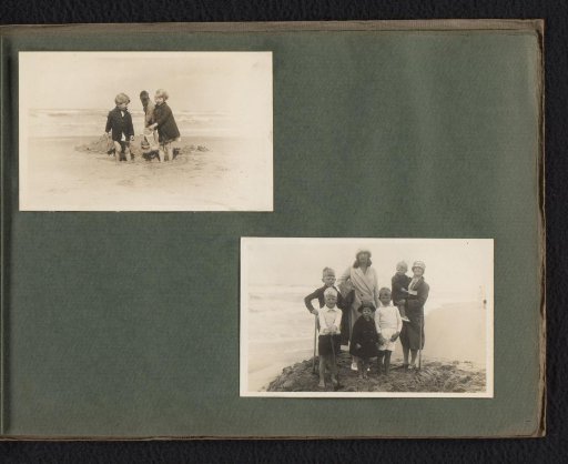 Two photographs of two women and children on a beach