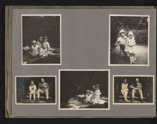 Five photographs of various members of the Onnen-Van den Berg family in a garden