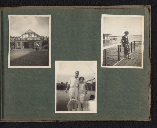 Three photographs of a building, a man and woman on a boat, and a woman at a pier