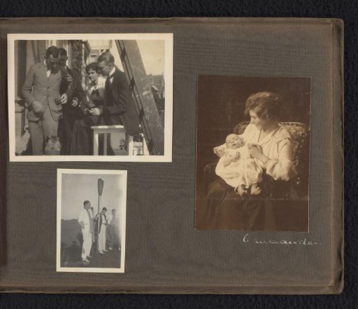 Three photographs of several young men and a woman, and Emilie Onnen with Abraham Dudok van Heel, six months old