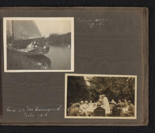 Two photographs of three people on a sailboat on the Loosdrechtse Plassen and a group having tea at the Bongerd near Loosdrecht