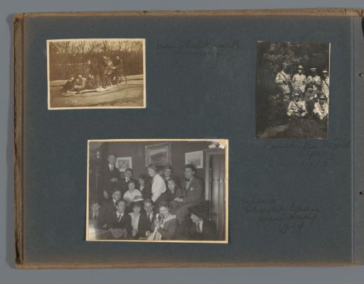 Group of friends in the Van Stolkpark and in Villa Helma in The Hague, with a group portrait of unknown soldiers in the upper right