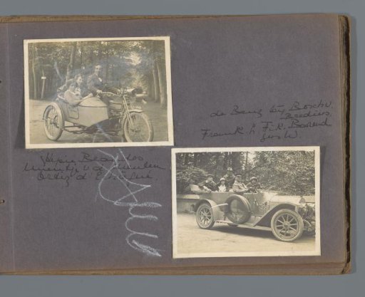 People on a motorcycle, including Hepia Beaudes [?], Mientje van der Meulen and Ortez d'Echafué, and in a car, with Frank L., Fik Bareud and Gus W.