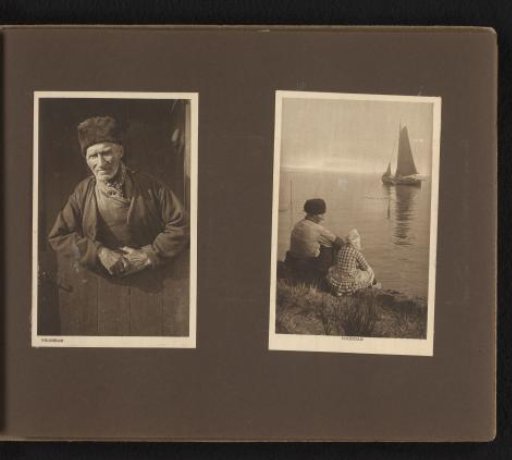 Portrait of an unknown man and a man and girl at the water's edge in Volendam