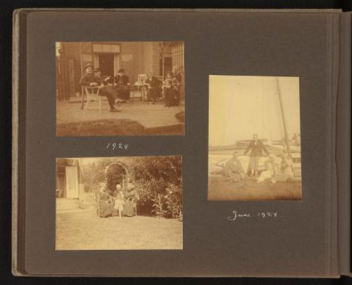 Johanna (Hans) de Jong and Frederik (Frits) Stokhuyzen with people in the garden and with a man and woman in front of a sailing boat