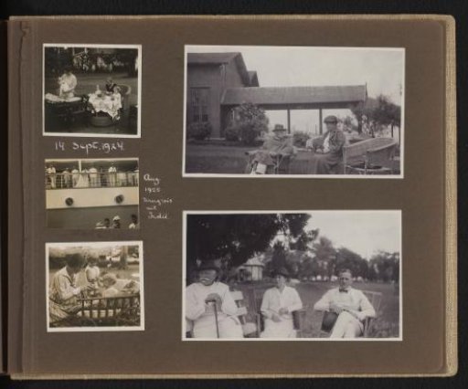 People in a garden, including Elisabeth de Jong, and people at the railing of a ship on the return journey from the former colony of the Dutch East Indies