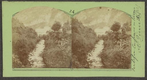 Winding river lined with trees; with apparently the building of RP-F-2016-26-10 in the background