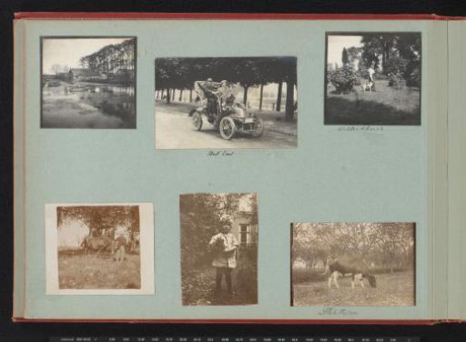 Scenes in a garden and a meadow with members of the Graswinckel family, two people in a car at the top center in Bad Ems