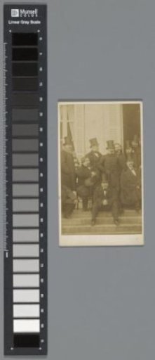 Journalists on a staircase, as well as the scientist and politician Achille Jubinal (seated left)