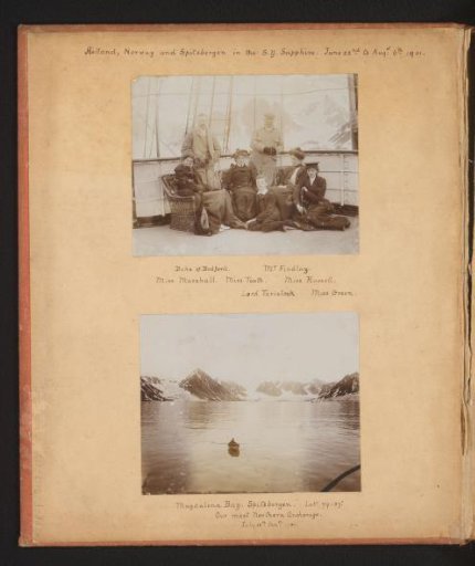 Two photographs of a traveling party on the S.Y. Sapphire and a bay in Spitsbergen