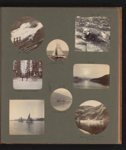 Eight photographs of fjords, ships and a carriage in Norway