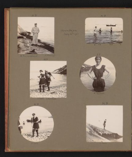 Six photographs of the traveling party on the beach, Trondheim