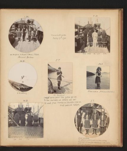 Seven photographs of the traveling party on the beach and on the ship S.Y. Sapphire, Trondheim