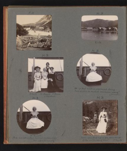 Six photographs of Eide in Norway and the traveling party on the ship S.Y. Sapphire