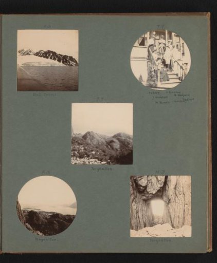 Five photographs of a traveling party and the landscape in Spitsbergen and Torghatten