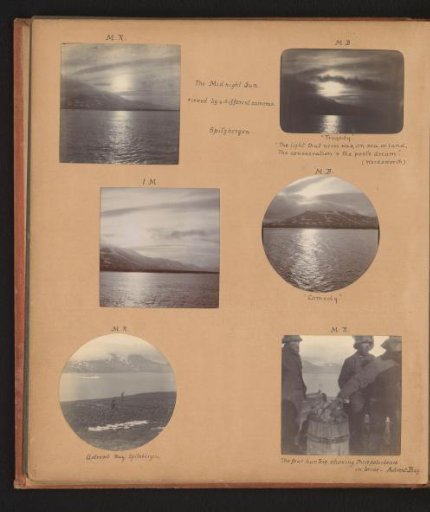 Six photographs of the midnight sun, a bay and hunters in Spitsbergen