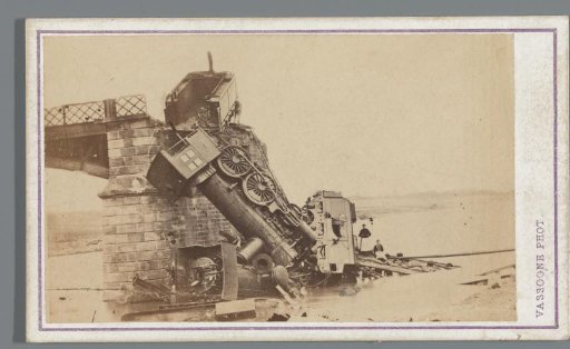 German locomotive on the bridge at Le Theux, shot to pieces during the Franco-Prussian War of 1870–71