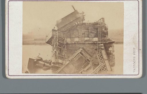 German locomotive on the bridge at Le Theux, shot to pieces during the Franco-Prussian War of 1870–71