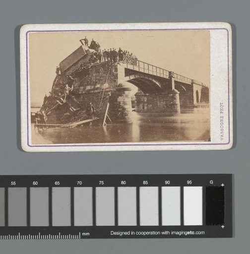 German locomotive on the bridge at Le Theux, shot to pieces during the Franco-Prussian War of 1870–71