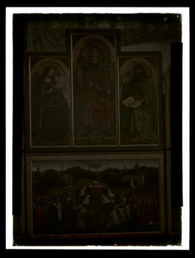 Reproduction (autochrome) of the altarpiece The Adoration of the Mystic Lamb by Hubert and Jan van Eyck, installed in St. Bavo's Cathedral, Ghent