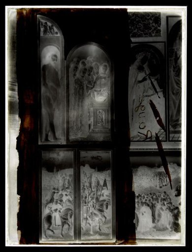 Negative of the left panel of the altarpiece The Adoration of the Mystic Lamb by Hubert and Jan van Eyck, installed in St. Bavo's Cathedral, Ghent
