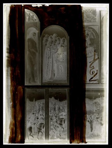 Negative of the left panel of the altarpiece The Adoration of the Mystic Lamb by Hubert and Jan van Eyck, installed in St. Bavo's Cathedral, Ghent