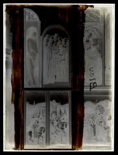 Negative of the left panel of the altarpiece The Adoration of the Mystic Lamb by Hubert and Jan van Eyck, installed in St. Bavo's Cathedral, Ghent