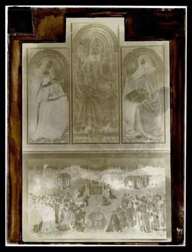 Negative of the central panel of the altarpiece The Adoration of the Mystic Lamb by Hubert and Jan van Eyck, installed in St. Bavo's Cathedral, Ghent