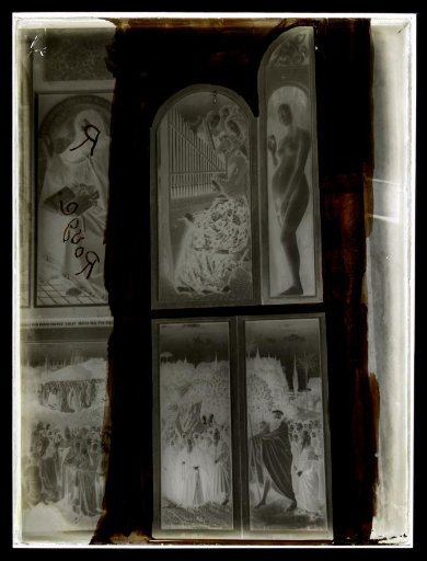 Negative of the right panel of the altarpiece The Adoration of the Mystic Lamb by Hubert and Jan van Eyck, installed in St. Bavo's Cathedral, Ghent