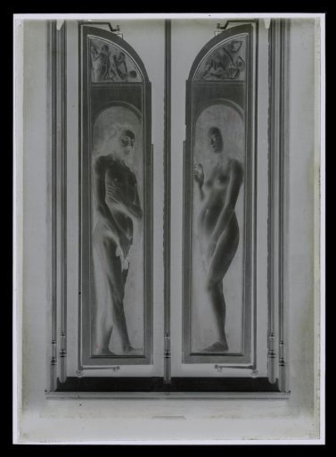 Negative of the altarpiece The Adoration of the Mystic Lamb by Hubert and Jan van Eyck, installed in St. Bavo's Cathedral, Ghent
