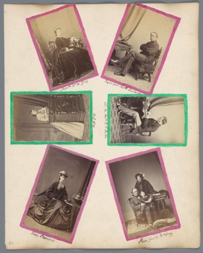 Page from a photo album, with 6 photographs (unmounted carte-de-visites) and ink-drawn border decorations