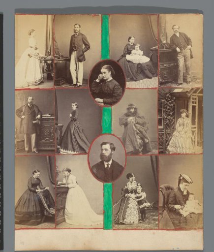 Page from a photo album, with 14 photographs (unmounted carte-de-visites) and ink-drawn border decorations