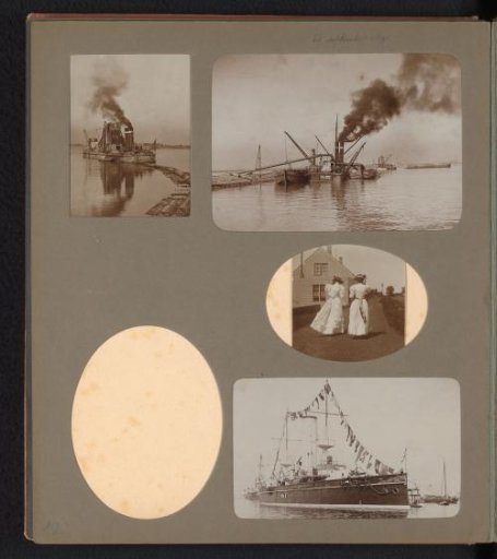 Views of Ships and Two Walking Women Seen from Behind