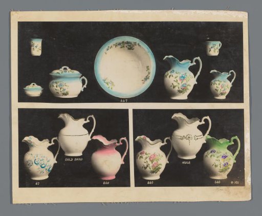 Advertisement photograph with tableware and kitchen utensils from the firm C. Read & Co., Baltimore, Maryland