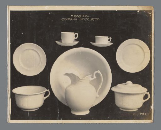 Advertisement photograph with tableware and kitchen utensils from the firm C. Read & Co., Baltimore, Maryland