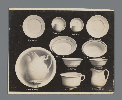 Advertisement photograph with tableware and kitchen utensils from the firm C. Read & Co., Baltimore, Maryland