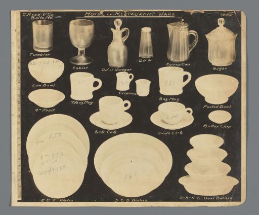 Advertisement photograph with tableware and kitchen utensils from the firm C. Read & Co., Baltimore, Maryland