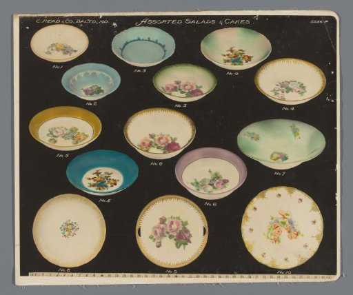 Advertisement photograph with tableware and kitchen utensils from the firm C. Read & Co., Baltimore, Maryland