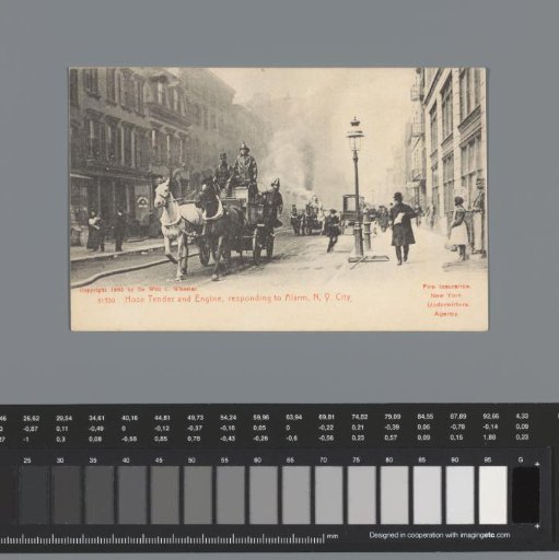 Advertisement for the Fire Insurance New York Underwriters Agency with a photograph of the fire brigade arriving