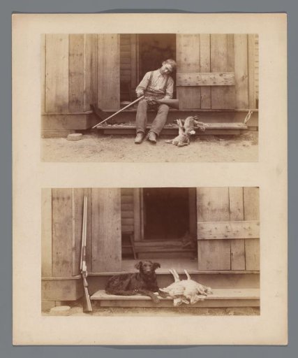Cardboard with 2 photographs of a young man with a rifle, a dog and some dead rabbits