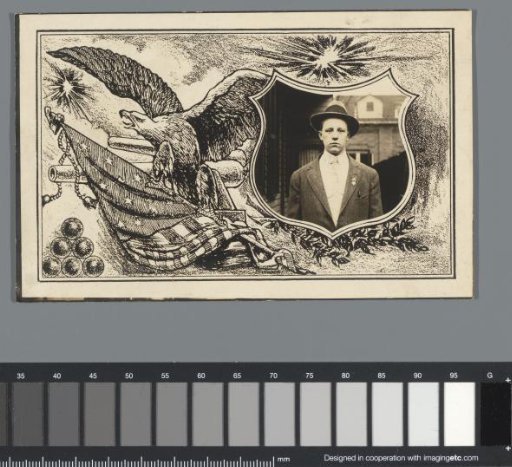 Photograph Portrait of a Young Man Framed by a Drawn Representation of an Eagle, an American Flag, a Cannon, and Bullets