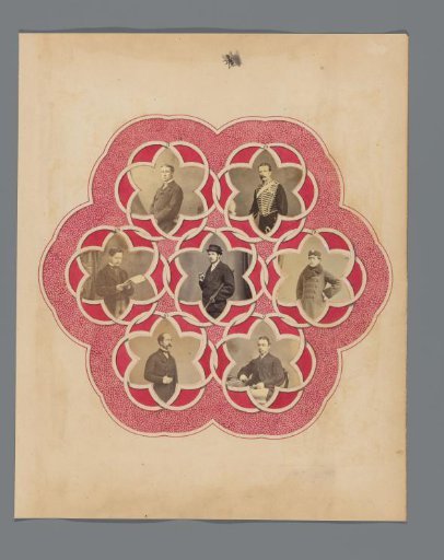 Album leaf with 7 portraits, with border decoration in red ink and/or paint