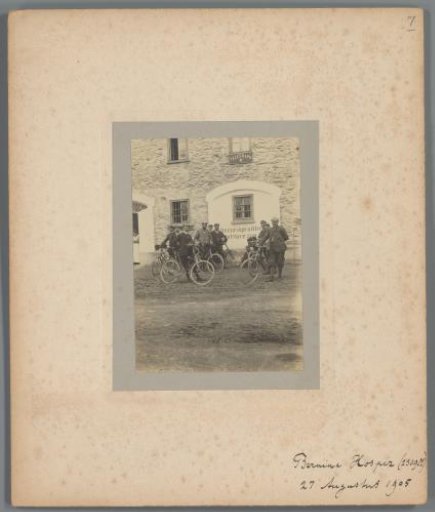Group portrait of unknown men with bicycles in front of the Hospiz Bernina, Switzerland