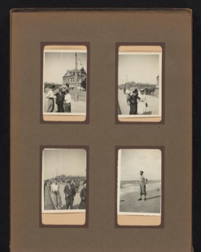Four photographs of people on the street and a man on the beach