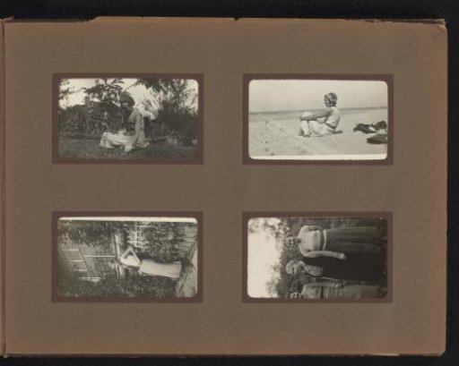 Four photographs of a woman in a garden and on the beach