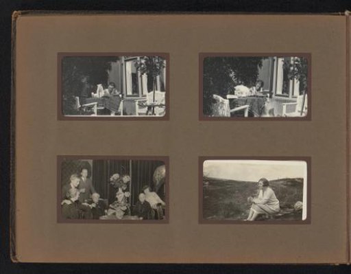 Four photographs of a woman in a garden, a family, and Nel Scheffer-Bon in the dunes