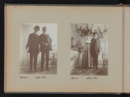 Portrait of a woman in a suit with a bowler hat and cane arm-in-arm with a man and portrait of a man in a skirt and hat beside a woman in a suit with a cap