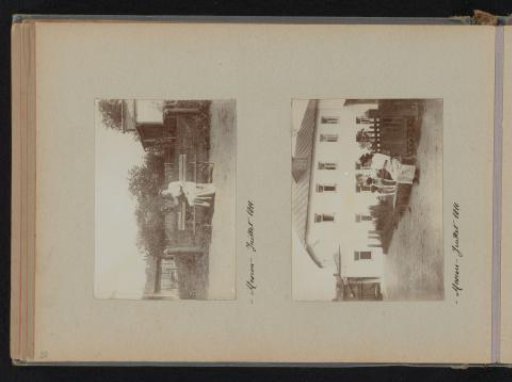 Woman on a bench in a garden and woman with a dog on a bench in front of a house