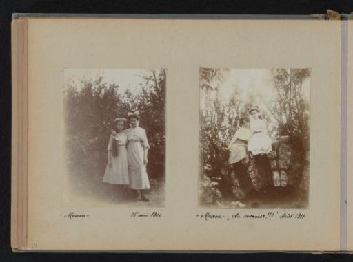 Portrait of two young women in front of bushes and portrait of two young women sitting on a stone arch